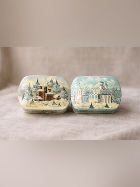 VINTAGE Fedoskino Hand-Painted Russian Black Lacquer Architecture Trinket Boxes